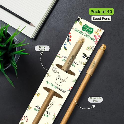 Image of Bombay Greens ; Sow, grow, eat, repeat 40 Plantable Seed Pens With Card Holder - Bio degradable Eco-Friendly Stationery for Corporate Gifting | Sustainable Gifts with Seeds - Pack of 40