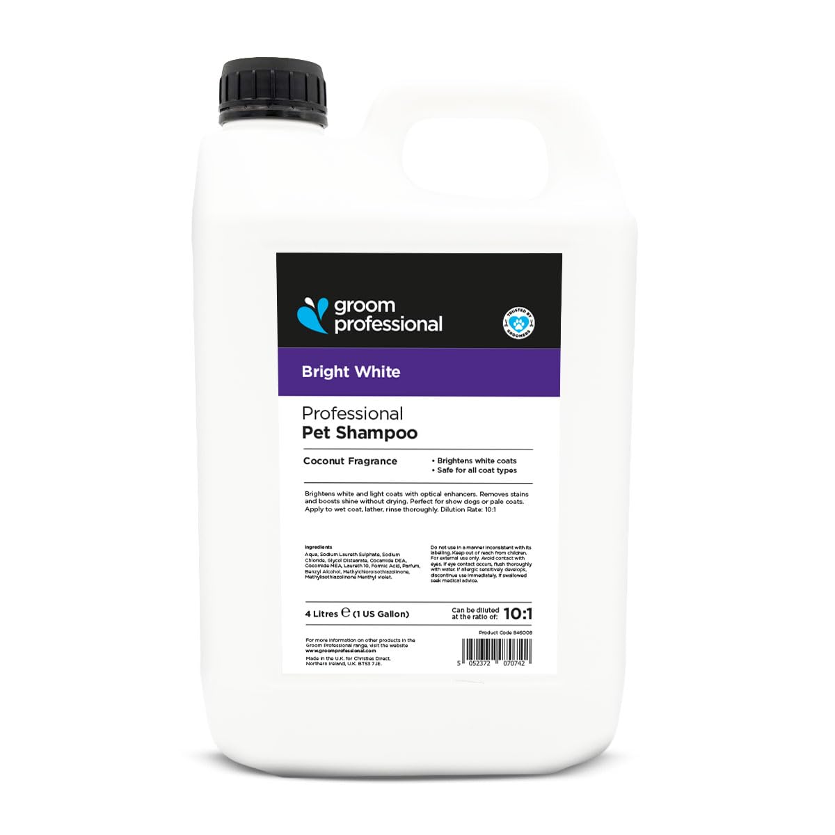 GROOM PROFESSIONAL Bright White - Champú blanqueador para perros, mejora los tonos blancos, fórmula de limpieza profunda para pelajes sucios, aceite de coco añadido para calmar la piel seca o con