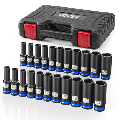1/2' Drive Deep Impact Socket Set, SAE & Metric Sockets (5/16'-15/16' & 10-24mm), Professional CR-MO Steel, 6-Point for Impact Wrench, Automotive & Truck Repair Tool Kit