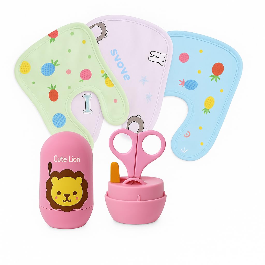 Dagcros Baby Bibs & Grooming Set – Combo of 3 Waterproof Bibs with Cute Prints + Pink Lion Baby Nail Care Kit – Newborn & Infant Essentials.-image-20