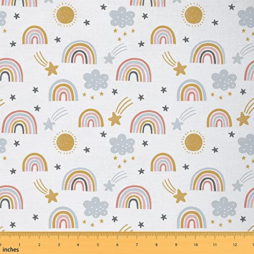 Erosebridal Girls Rainbow Upholstery Fabric by The Yard, Sun and Stars Decorative Fabric for Chairs, Cartoon Cloud Kawaii Decorative Waterproof Indoor Outdoor Fabric DIY Art, 1 Yard, Colorfu