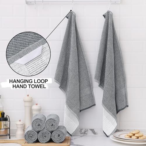 smiry Premium Kitchen Towels(18"x 28", 8 Pack), Large Cotton Dish Cloths Set, Flat & Terry Towel Highly Absorbent Tea Towels with Hanging Loop, Grey by smiry - Image 2