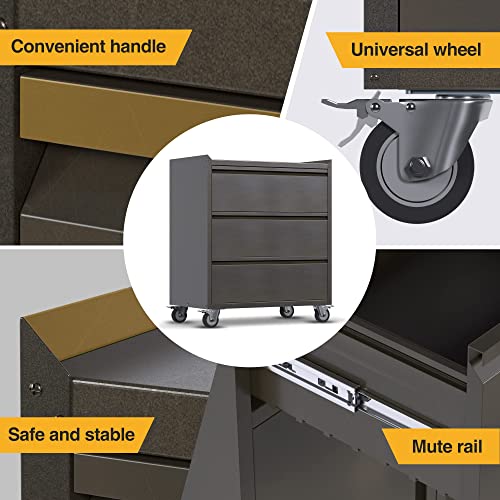 Metal Garage Storage Cabinet With Wheels, Rolling Tool Chests & Cabinets With 3 Drawers, Retro Color #TOP2