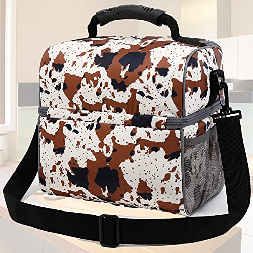 Flowfly Double Layer Cooler Insulated Lunch Bag Adult Lunch Box Large Tote Bag For Men, Women, With Adjustable Strap,Front Pocket And Dual Large Mesh Side Pockets,Cow #TOP7