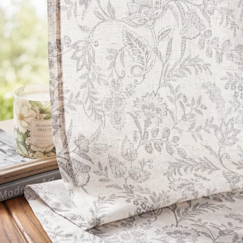 Lazzzy Grey Floral Linen Curtains Farmhouse Rod Pocket 50W X 63L 2 Panels