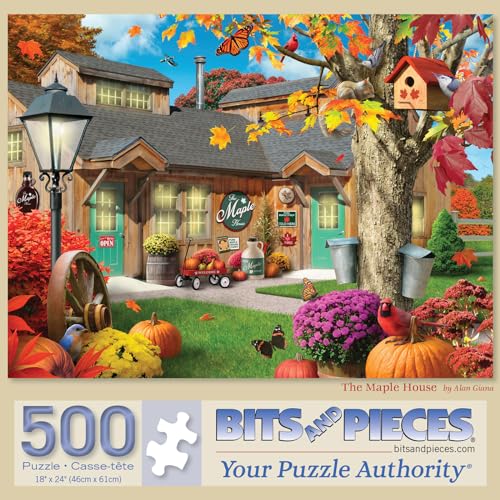 Bits and Pieces “The Maple House” Jigsaw Puzzle by Alan Giana - 300 & 500 pc Variants - 18" x 24" - Autumn Maple Syrup Store Scene, Recycled Chipboard, Random Die-Cut (500 Piece Puzzle)