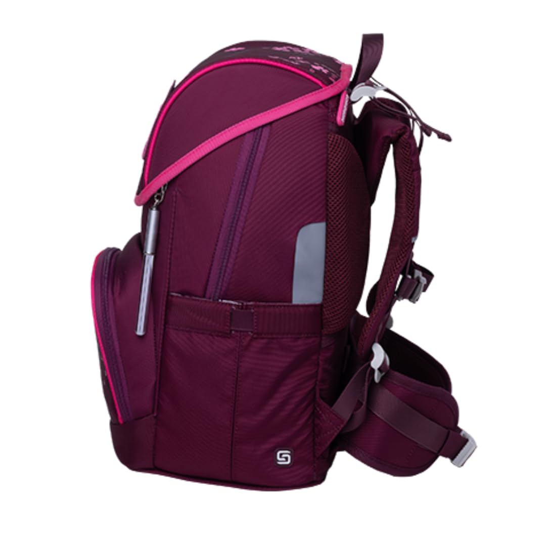 Schneiders Ergojet Schultasche Set Floral Fantasy (6-teilig) – Wandelbarer Mädchen-Schulranzen Einhorn, LED-Licht, ergonomisch & nachhaltig, leicht (990g), Schule & Freizeit, 21L, Bordeaux-Rot