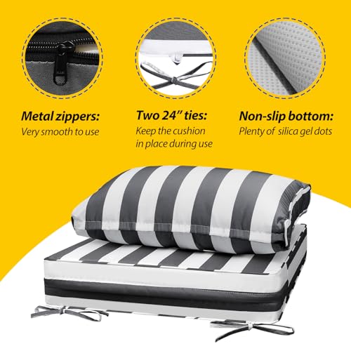 Image of AAAAAcessories Outdoor Seat Cushions for Chairs, Fade-Resistant, Waterproof Patio Furniture Replacement Cushions, 25.5 inch x 25.5 inch x 5 inch + 25.5 inch x 13.5 inch, Gray Cabana Stripe