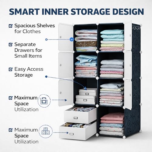 Image of AYSIS Kids Plastic Collapsible Wardrobe Organizer for Storage | Cute Cartoon Design | Heavy Duty Cloth Organizer for Storage | Easy to Assemble | Perfect for Kids Room & Home | Black