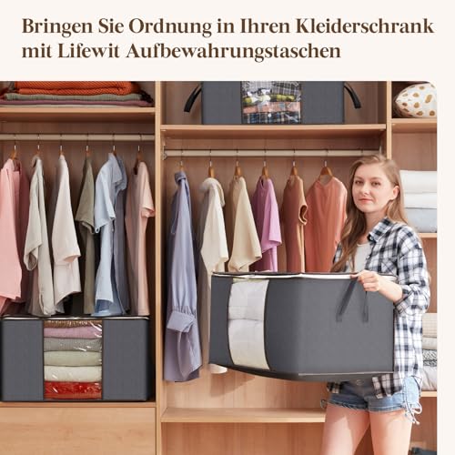 Lifewit Große Aufbewahrungstasche Schrank Organizer Set, Faltbar Kleideraufbewahrung mit verstärkt Griff, stabilem Reißverschluss für Kleidung, Bettwäsche, Bettdecken, Steppdecke, Grau, 6 Stück