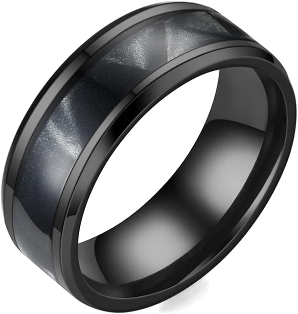 8MM Stainless Steel Carbon Fiber Inlay Matte Brushed Classic Simple Plain Wedding Band Ring | 