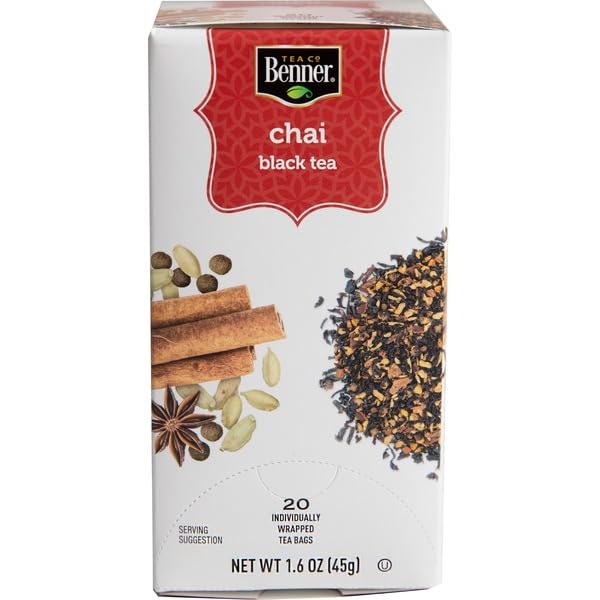 Benner Tea Co - Bolsas de té Chai negro, 1.6 onzas  20 bolsas envueltas individualmente, caja individual