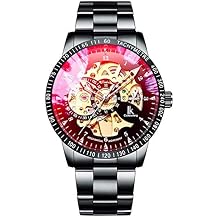 GLEIM Mens Watch Skeleton Automatic Mechanical Wristwatch, Silver Golden Dial Tachymeter Black Stainless Steel Casual Steampunk Watch Red