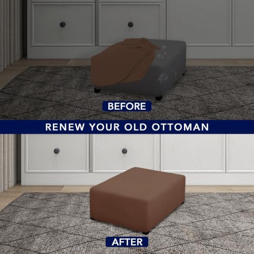 Image of PureFit Super Stretch Form Fit Ottoman Cover Rectangle - Ottoman Slipcovers for Foot Stool Cover & Folding Storage Slipcover for Living Room with Nonslip Elastic Bottom (Medium-L, Brown)