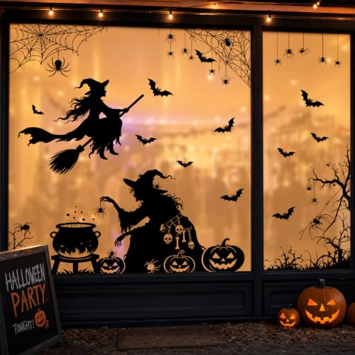 Image of AhfuLife Large Halloween Window Clings Decorations, 12.6 x 35.4 in, 5 Sheets Scary Witch Window Stickers Double‑Side Extra Large Silhouette Reusable Decals for Halloween Home Party Indoor Decor