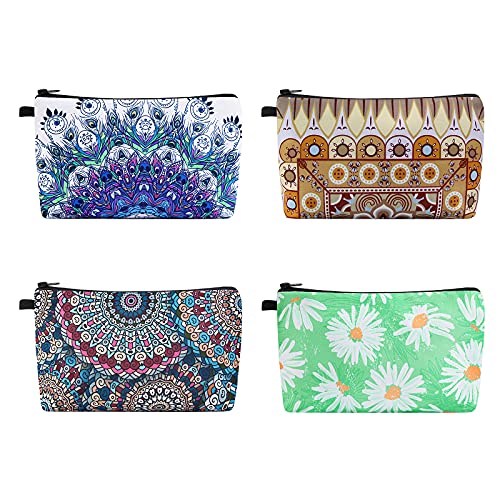 MAGEFY Makeup Bag 4 Styles Portable Travel Cosmetic Bags for Women Retro Patterns Zipper Pouches Waterproof Small Beach Bags Makeup Pouch with Classical Zipper (4 Packs, Brown ethnic style+Peacock feather+Vintage style+Daisy)