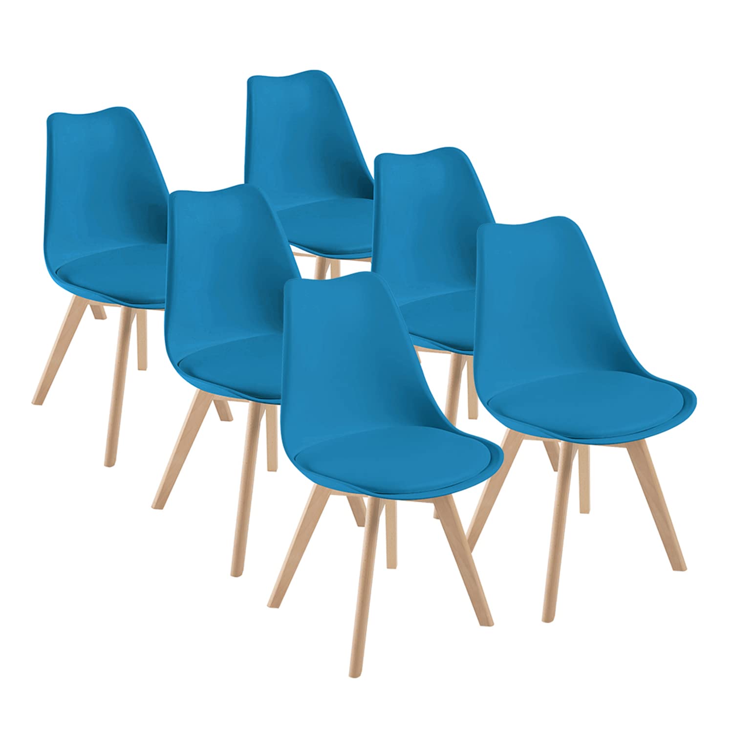 A single blue DEWINNER dining chair with wooden legs, placed next to a white table and a small plant.