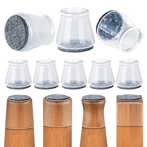 Chair Leg Covers to Protect Floors (Fit:0.8"-1.3"), 16 pcs Transparent Silicone Chair Leg Protector for Hardwood Floor, Furniture Cup with Felt Pads Stool Leg Prevent Floor Scratches and Reduce Noise