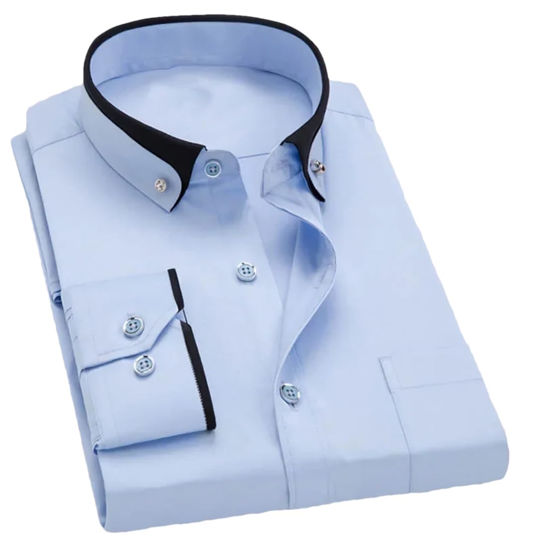 Pegsmio Men's Light Blue Business Dress Shirt Spring Autumn Formal Button Down Collar Dress Shirts