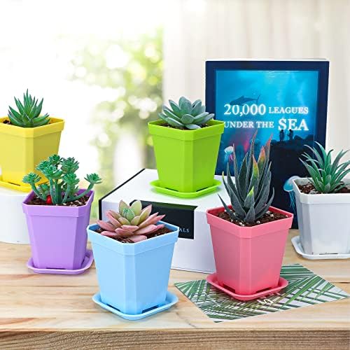 KINGLAKE 24Pcs Plastic Square Plant Pots with Trays, 7cm Thick Seed Seedling Pots, Small Coloured Nursery Flower Pots for Vegetables Cuttings Succulent Cacti