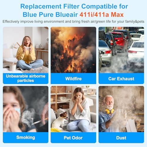 Image of 411i /411a Max Replacement Filter Compatible for Blueair Blue Pure(Not for 411 /411Auto&mini /411+), Powerful Particle Dust Dander Filter&Odor Smoke Activated Carbon Filter for Home, #F4MAX, Blue, 2 Pack
