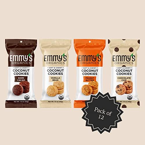 Emmy's Organics, Coconut Cookies - Variety Pack, 1.5 oz (Pack of 12) (Dark Cocao, Peanut Butter, Vanilla Bean, Chocolate Chip)