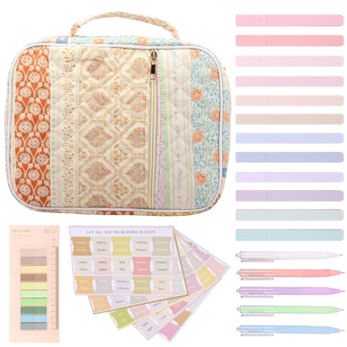 Quilted Cotton Book Cover Case, Portable Floral Pattern Book Carrying Case Protective Bag with Handle, Pens and Tabs, Study Supplies Accessories (Colorful)