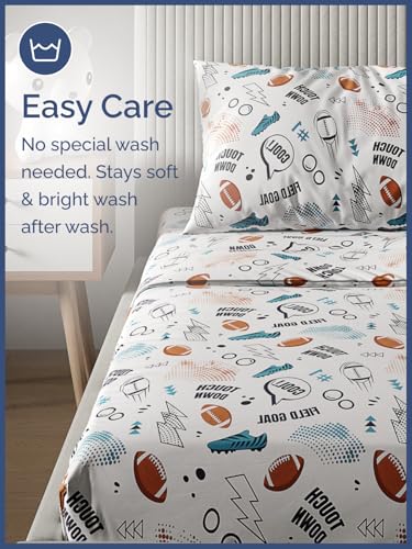 Image of Kids Twin Size Touchdown! Football Bed Sheets - 3 Piece Kids Sheet Set | Touchdown! Football Themed Bedding, Ultra-Soft, Cute & Cozy, Breathable & Machine Washable, Bed Set for Boys, Girls & Teens