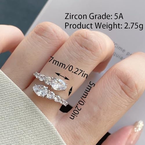 Adjustable Stretchy Wedding Engagement Rings for Women,925 Sterling Silver Pear Cubic Zirconia Open Wedding Rings for Her Anniversary Valentine's Day3