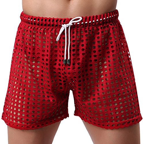 TiaoBug US Mens Hollow Openwork Drawstring Lounge Underwear Boxer Shorts Red Size Medium