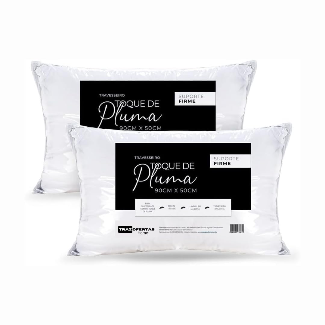 Kit 02 Travesseiros King Toque de Pluma Firme – 90x50cm | Alto, Macio e Confortável para