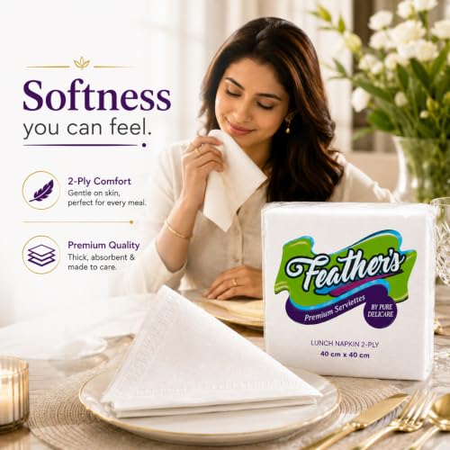 Image of Feather's Premium Tissue Paper Napkin | 2Ply, 50 pulls per pack, Pack of 3, 40 X 40 cm | Naturally White, Super Strong & Absorbent | Extra Soft Luncheon Paper Napkin | Best for Serving & Daily Use