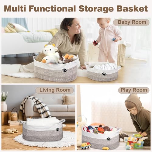 Image of Optish Dog Toy Basket, 30L Toy Box and Bin for Dog Cat Storage, 19.7 inch X 11 inch X 7.9 inch Large Woven Rope Basket for Blanket Storage, Living Room, Bedroom, White & Brown