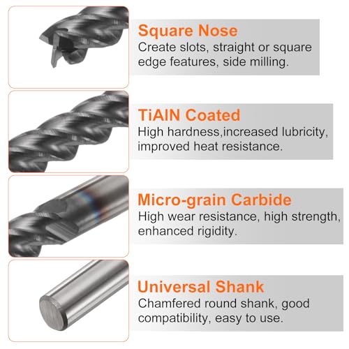 Image of HARFINGTON Carbide Square Nose End Mill Bit 1 /8 inch Cut Dia 4 Flutes TiAlN Coated Milling Cutter for Hardened Steel Metal (1 /8 inch Shank 1 /2 inch Cut Length 1-1 /2 inch Long 30 Degree Helix)