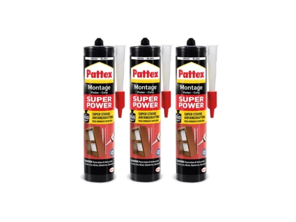 Pattex Montagekleber Super Power, Baukleber mit superstarker Anfangshaftung, Kraftkleber für saugende Materialien, Kleber für innen & außen, Aktionspack mit 3 x 370g, 9H PXS37