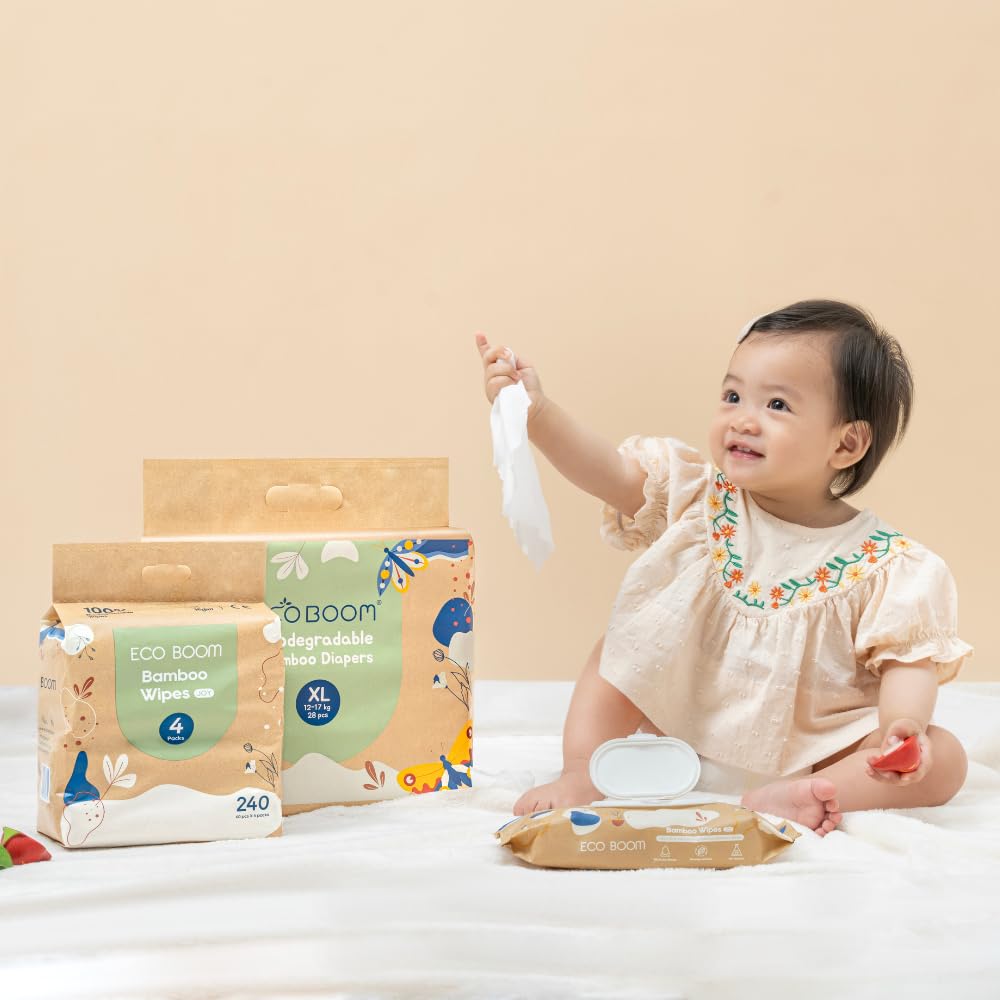 ECOBOOM JOY- Pañal Ecológico de BAMBÚ. 70% Biodegradable, Hipoalergénico (TALLA 3/M, 6-10 KG, PACK 4 BOLSAS - 128 pañales)