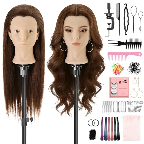 Yekavo Hairdressing Head 23 inch 80% Real Hair With Clamp Practice Mannequin Head For Hair Styling Manikin Cosmetology Doll Head With Makeup Function + Braid Set