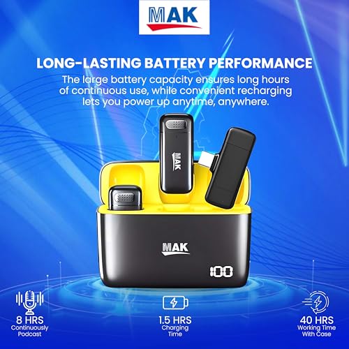Image of MAK Dual Wireless Lavalier Microphone System with Charging Case, ANC Noise Reduction, Type-C Receiver, Long Battery Life for Vlogging, YouTube, Interviews & Content Creation