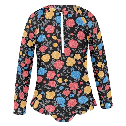 Colorful Roses Flower Girls Long Sleeve Rashguard Swimsuit UV Protection One-Piece Swimwear Bathing Suit B04042732