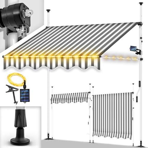tillvex Tenda da Sole a Bracci con Manovella | Protezione Balcone, Regolabile, Senza Forare, a Manovella | Tenda resistente per Esterno (400cm, Grigio/Bianco con LED)