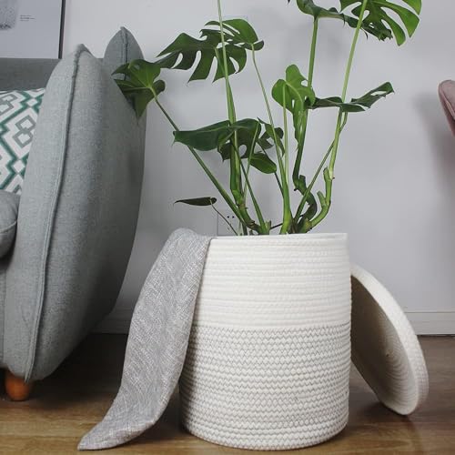 Image of Extra Large Storage Basket With Lid, Cotton Rope Storage Baskets, Laundry Hamper, Toy Bin, For Toys Blankets Pillows Storage In Living Room (16X16X18, Design)