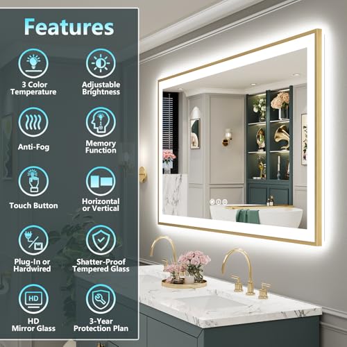 Image of 55x36 Gold LED Bathroom Mirror with Lights, Backlit & Front Lit | Brushed Gold Framed, Anti-Fog Lighted Vanity Mirror, Dimmable, 3-Color Temp, Memory, CRI95, HD Tempered Glass, UL Listed