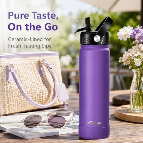 Image of Mininoo 24 oz Insulated Ceramic-Lined Water Bottle with Straw, Purple