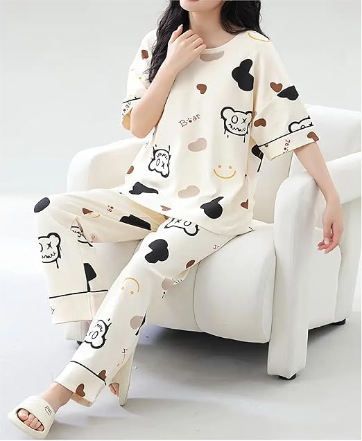 Image of Women's Pajama Set with Top & Pants|| Korean Night Wear|| Loose Fit Home Wear || Lightweight Printed Set || Soft & Comfy Girls & Women