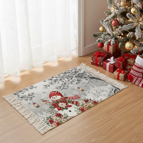 Runner Rug for Hallway 2x3ft, Christmas Snowman Poinsettia Leaf Washable