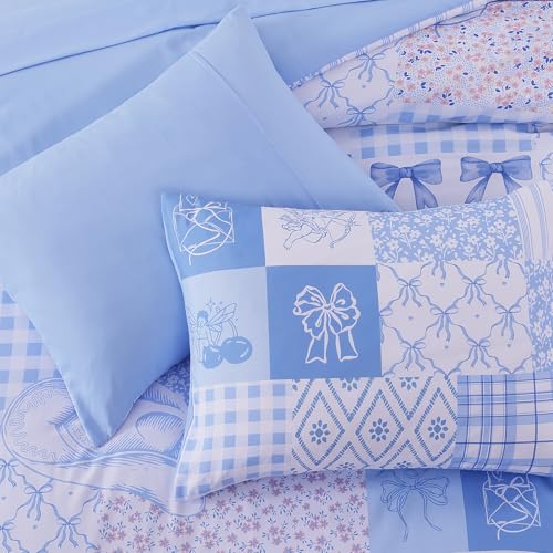 Image of Twin XL Comforter Set for Girls Blue Bow Floral 5 Pieces Bed in a Bag