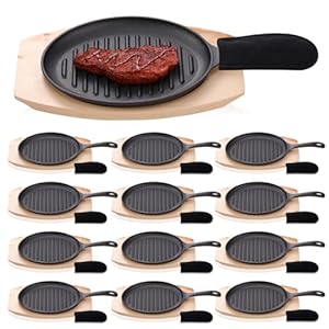 Mifoci 12 Pcs Fajita Cast Iron Skillet Set Heavy Duty Non Stick Sizzling Plate with Wooden Tray and Hot Mitt Pre Seasoned Steak Plate Evenly Heated Flat Sizzler Plates for Home Restaurant, Black