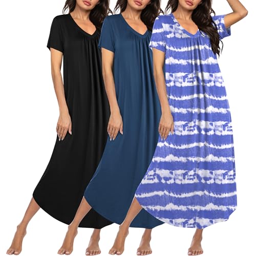 Ekouaer 3 Pack Long Nightgowns for Women Plus Size House Dress Short Sleeve Night Gown V Neck Casual Nightshirt M-4XL
