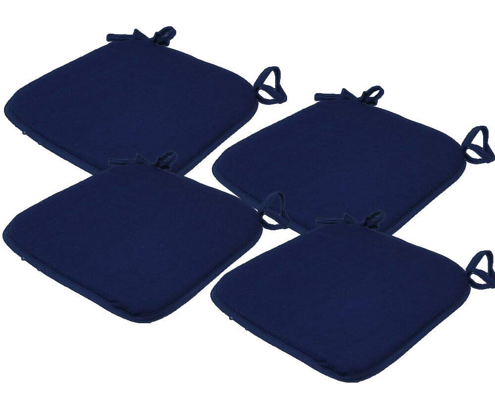 EHD Set of 4 Seat Pads With Ties Luxurious Quilted Seat Pads For Indoor Outdoor Garden Patio Kitchen & Office Chairs (Navy)