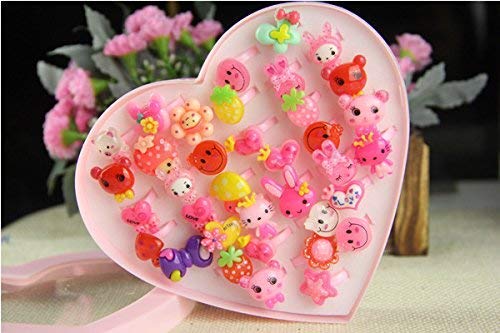 Rubela AK Store Kids Girls Cartoon Pretend Play Toy Fancy 36 Finger Rings for Birthday Gifts comes in Pink Heart Shape Box, for Age 2-10 yrs. 1